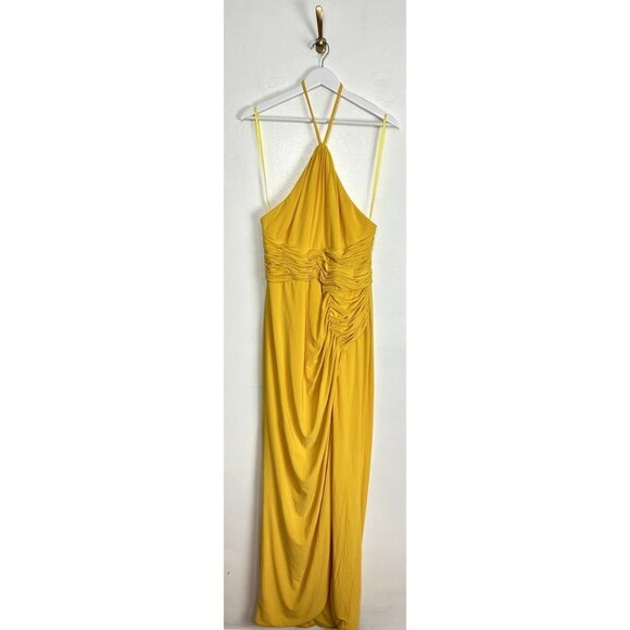 MAC DUGGAL Halter Neck Rouched Side Front Slit Gown in Marigold Size Medium - Picture 4 of 13